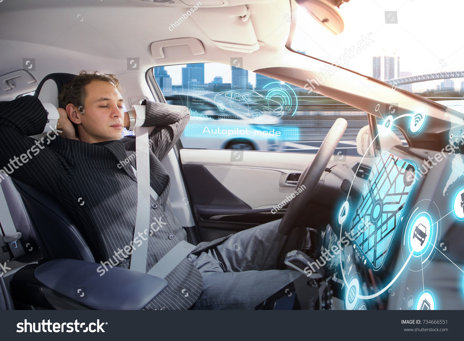 Caucasian man sleeping in autonomous car. Self driving vehicle.