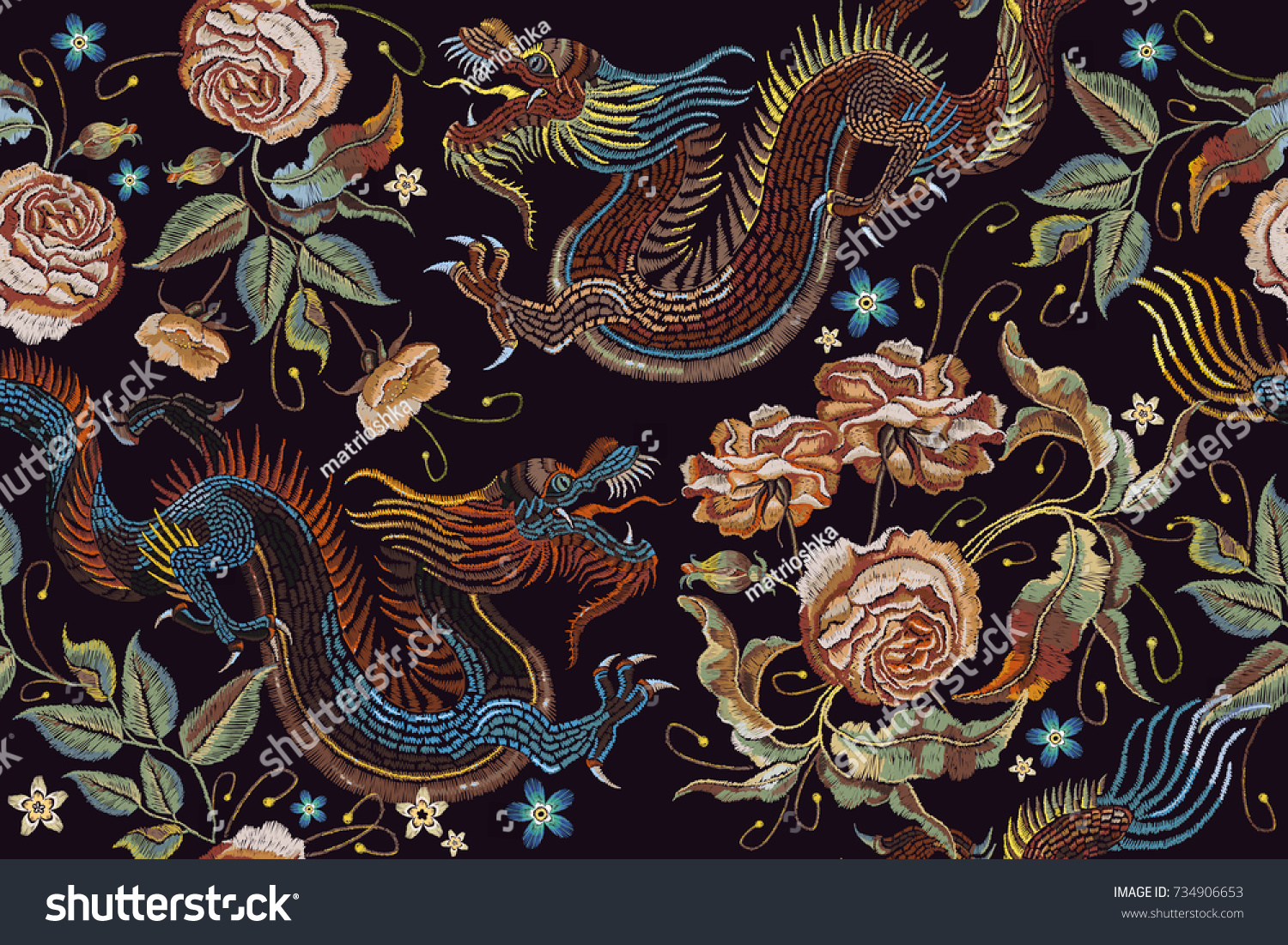 Embroidery vintage chinese dragons and flowers peonies seamless pattern. Classical embroidery asian dragons and beautiful peonies seamless pattern. Art dragons t-shirt design. Clothes  textile art