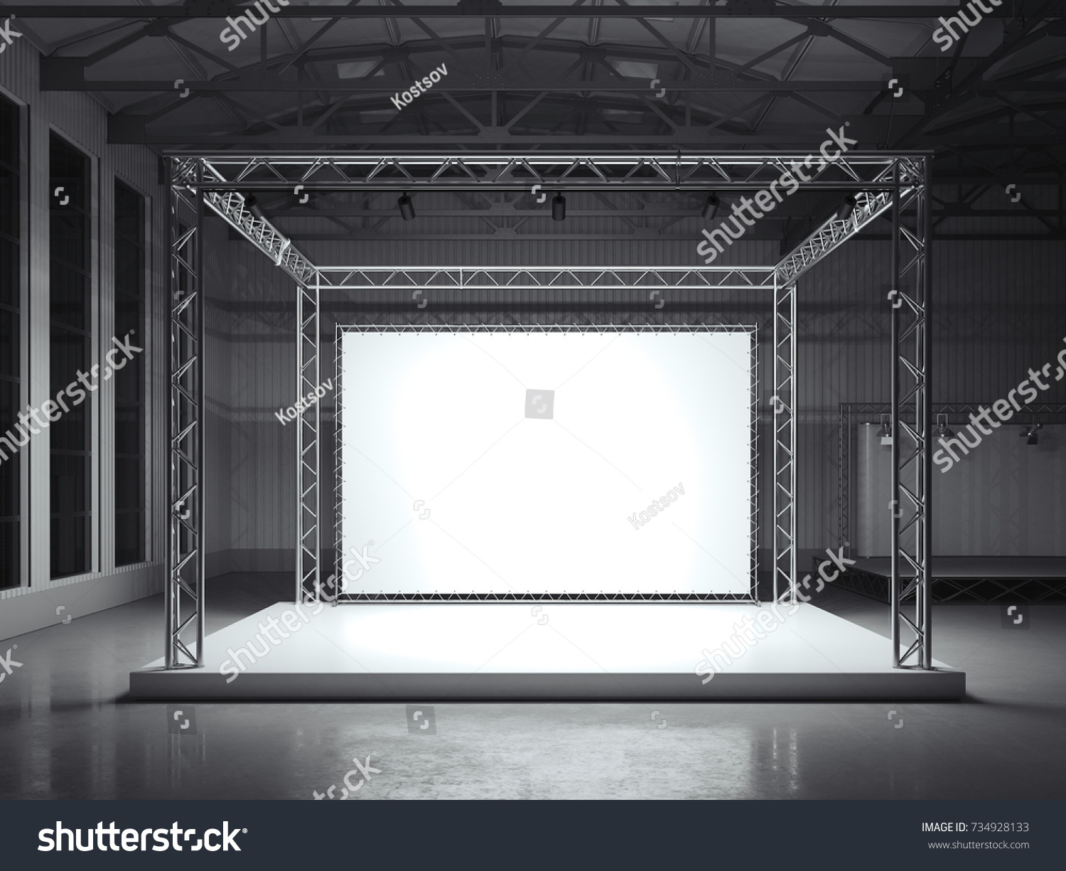 Modern metal stand with white banner in the exhibition hall. 3d rendering