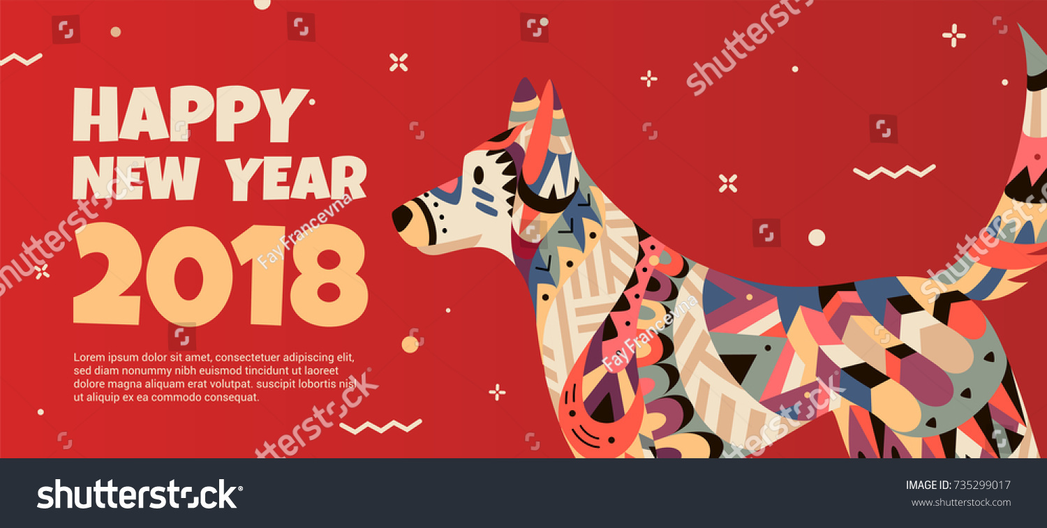 Beautiful banner with a dog in the style of the tribe and the text of the new year. Banner can be used for advertising  greetings  discounts. The dog symbol 2018.