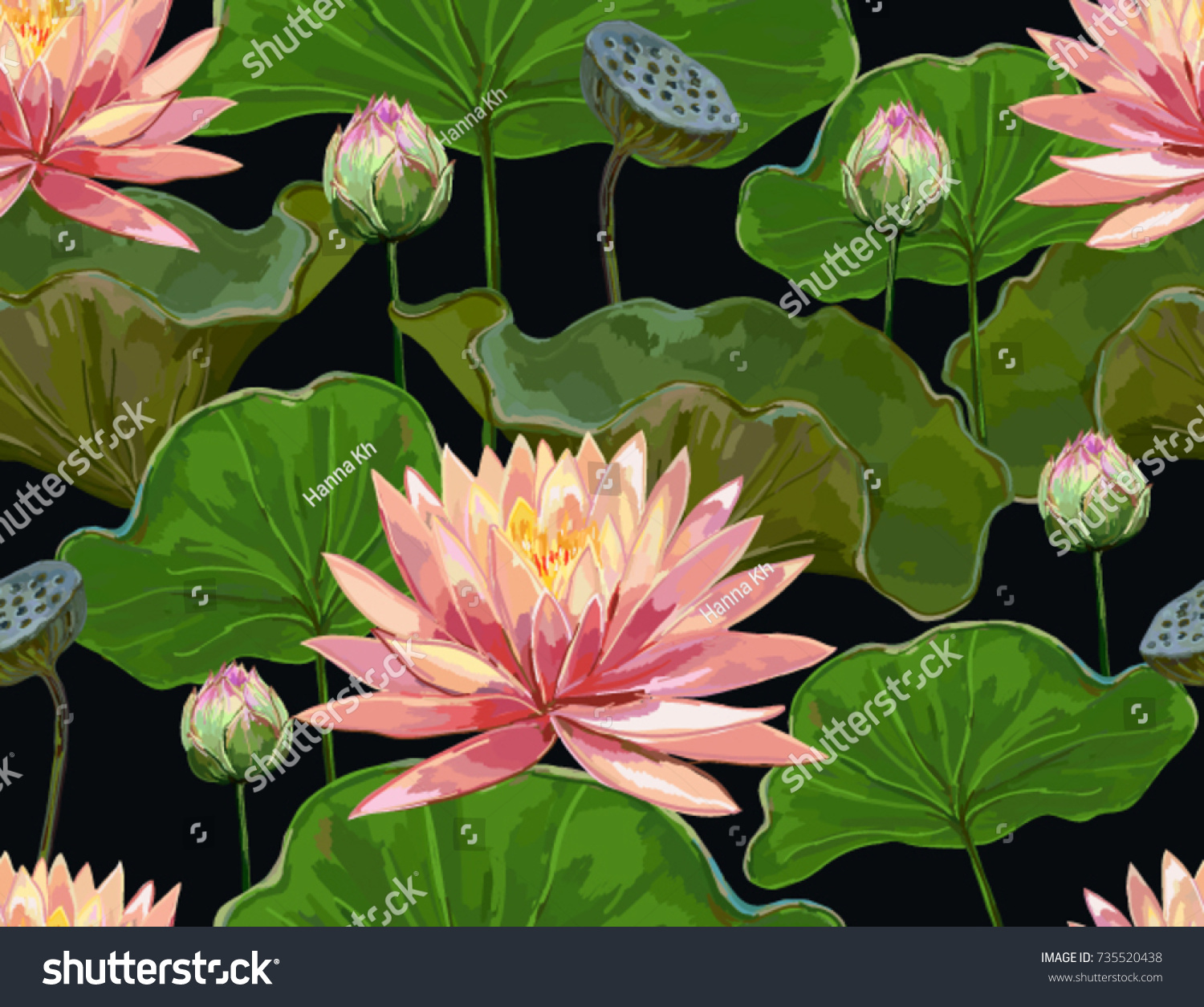 Beautiful seamless vector floral summer pattern background with lotus ...