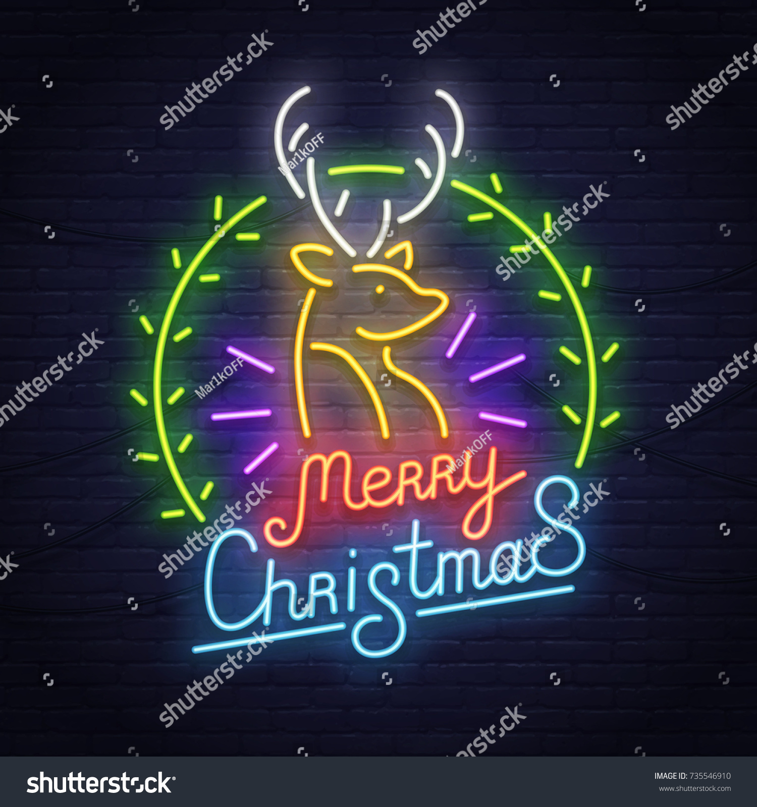 Deer neon sign. Night party. Happy Merry Christmas. Neon sign  bright signboard  light banner.