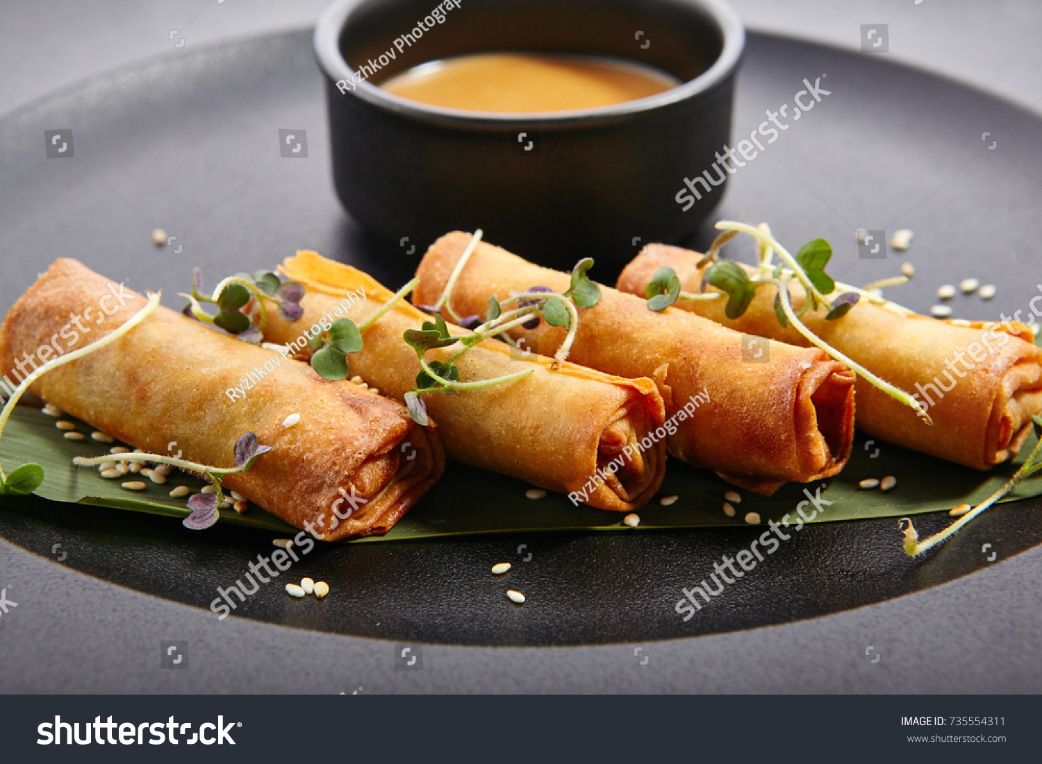 Spring rolls - fried Vietnamese rolls of rice edible paper on black matte plate next to cup with sauce. Pan-Asian menu of restaurant.