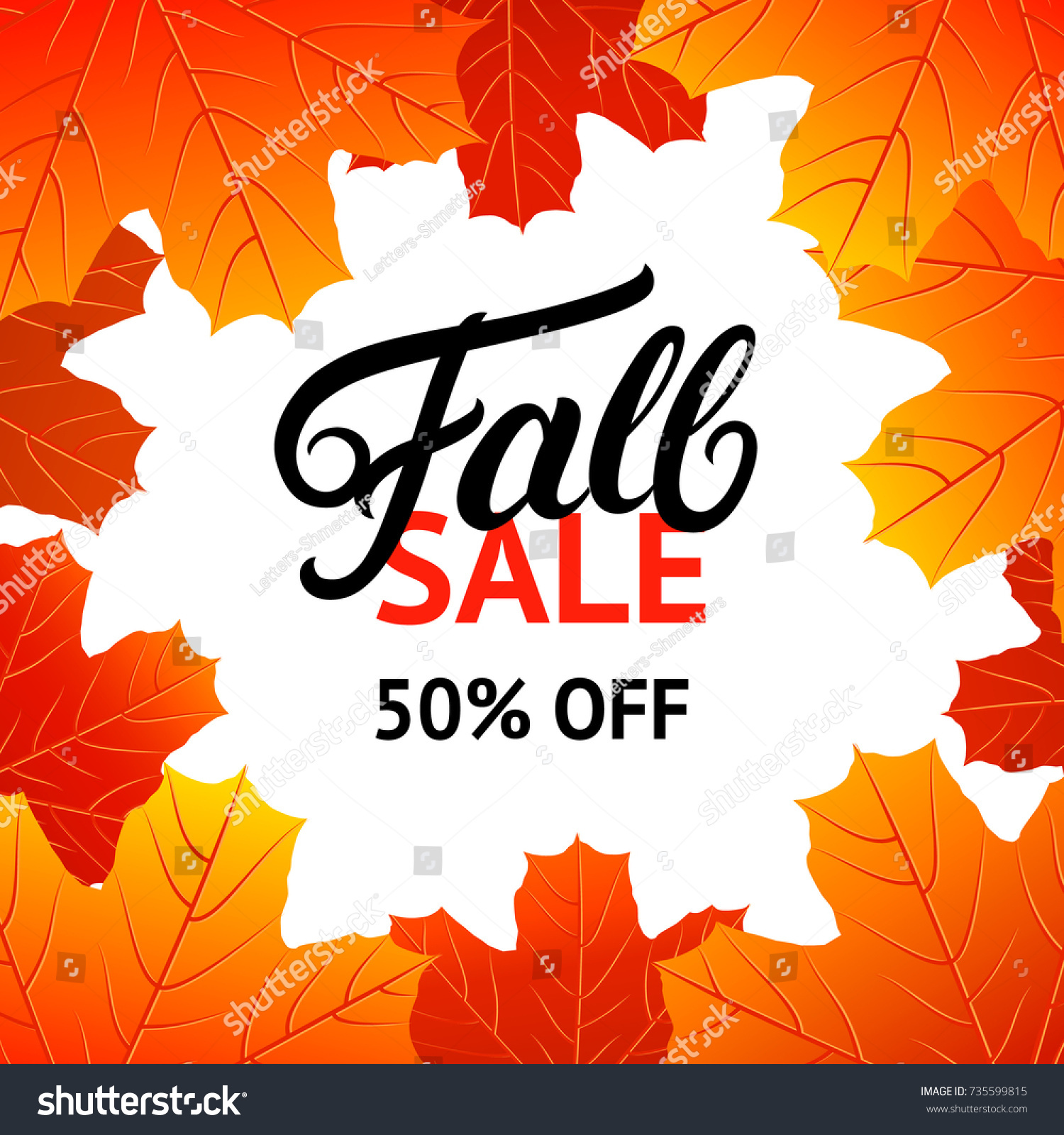 Fall sale design template with hand written lettering for poster  card  label  banner. Bright fall leaves. White background. Vector illustration.