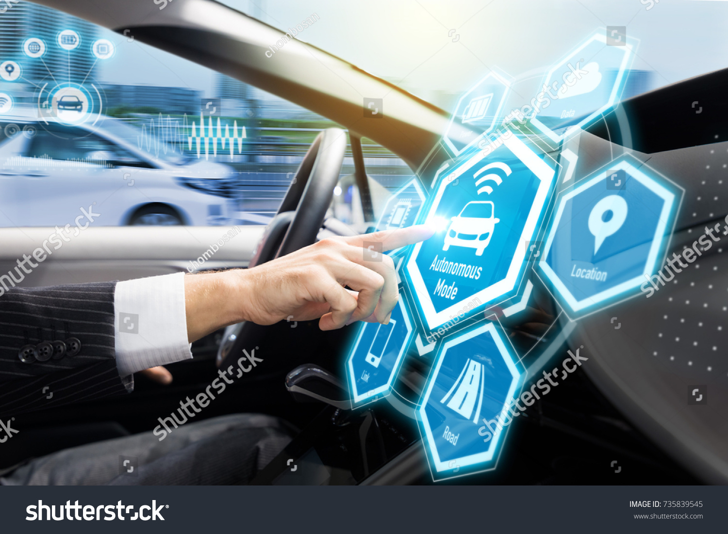 Futuristic interface of autonomous car. Self driving vehicle. Driverless car. 