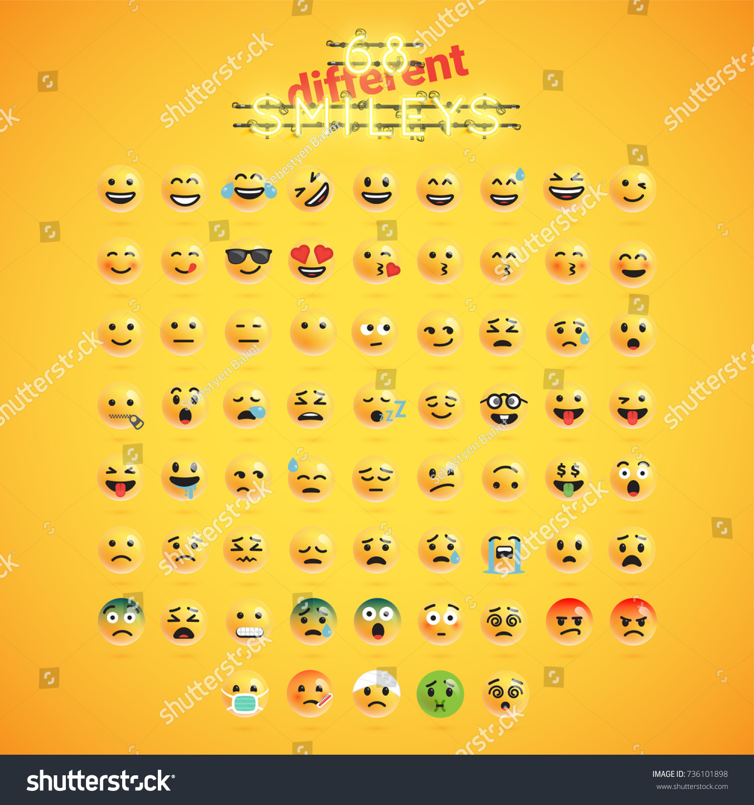 Yellow emoticon realistic face set  vector illustration