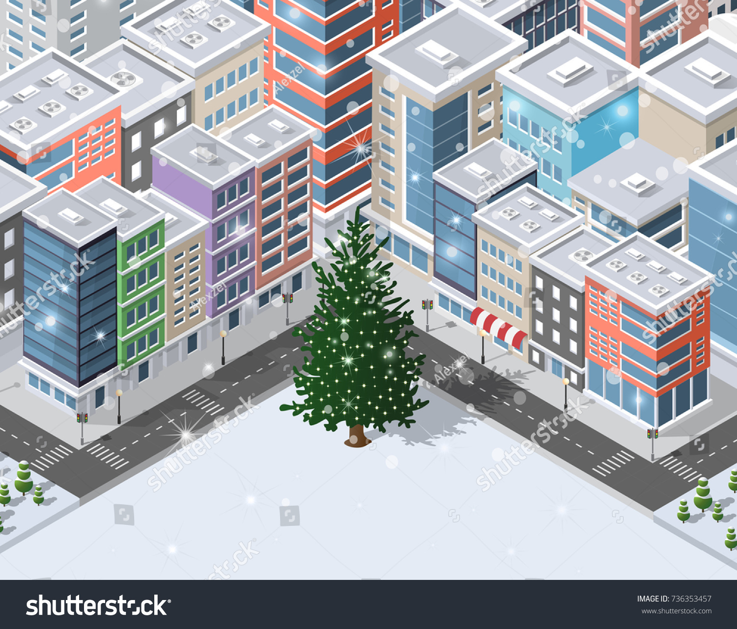 Christmas winter city background of buildings and houses  shops and offices  cafes with snowy fir trees