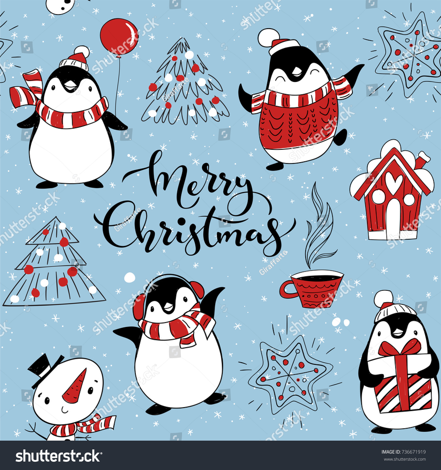 Winter holidays vector seamless pattern with cute animals and Merry Christmas lettering. 