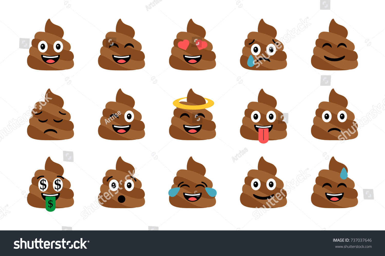 Cute funny poop set. Emotional shit icons. Happy emoji  emoticons. Smiling faces symbols. Vector illustration.