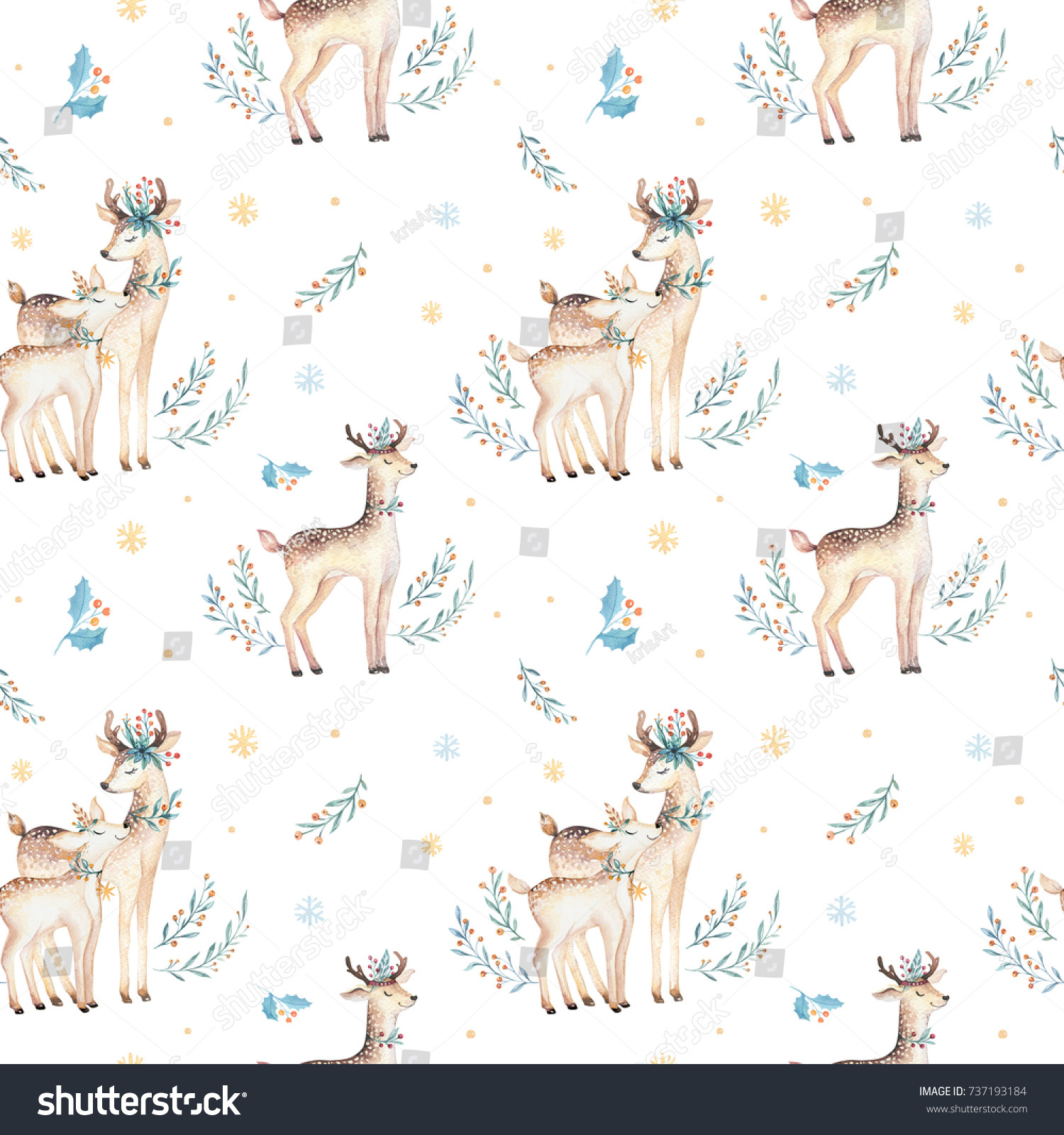 Seamless Christmas baby deer seamless pattern. Hand drawn winter backgraund with deer snowflakes. Nursery animal illustration. New year design.