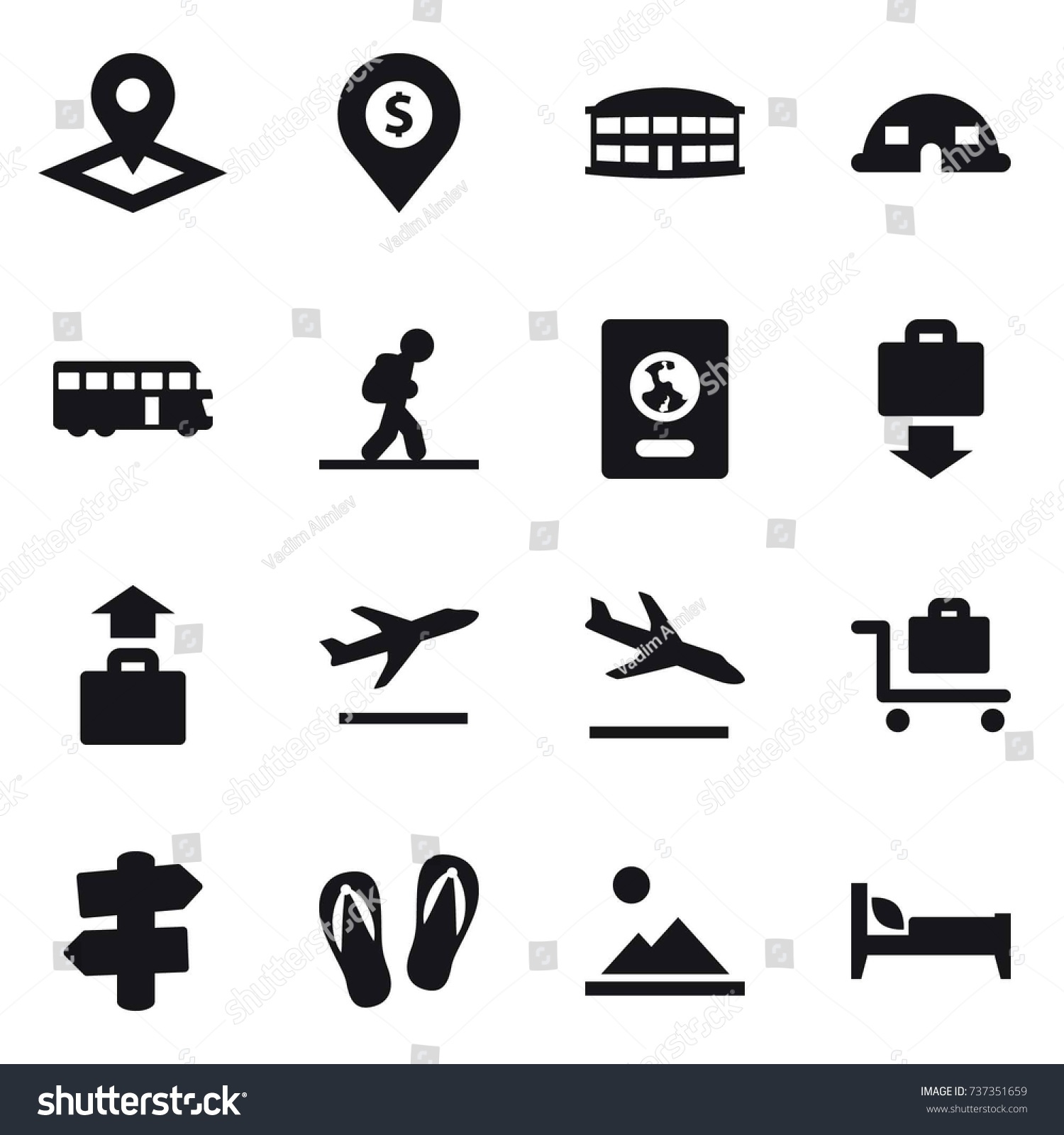 16 vector icon set : pointer  dollar pin  airport building  dome house  bus  tourist  passport  baggage get  baggage  departure  arrival  baggage trolley  signpost  flip-flops  landscape  bed
