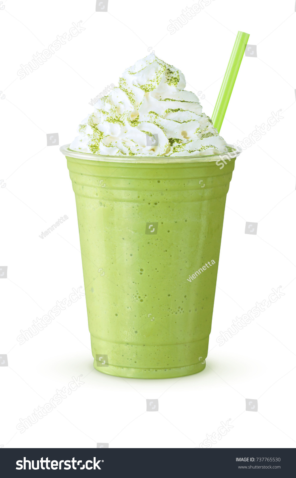 Cold Matcha Green Tea Frappe or Shake with Whipped Cream and Straw on White Background