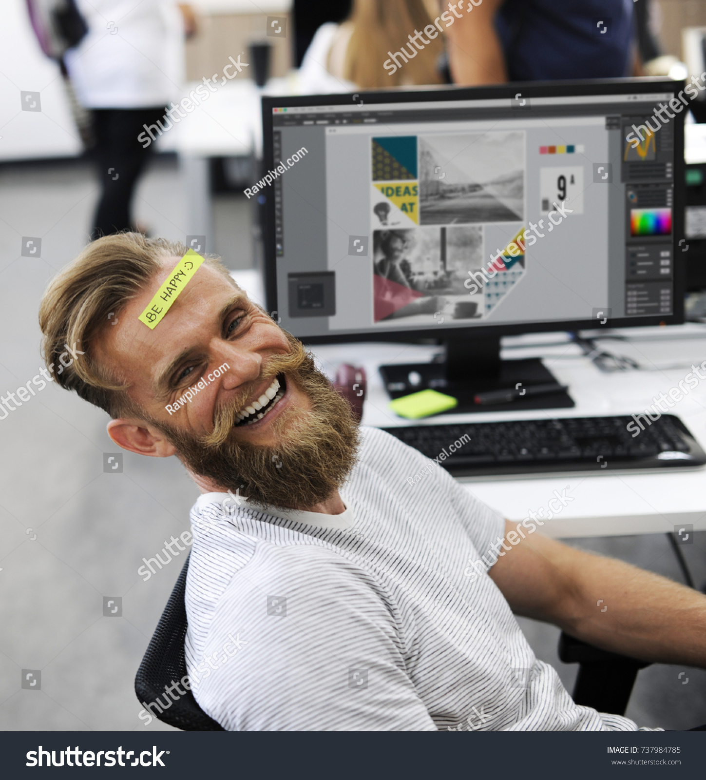 Man Having Be Happy Sticky Note on Forehead During Office Break Time