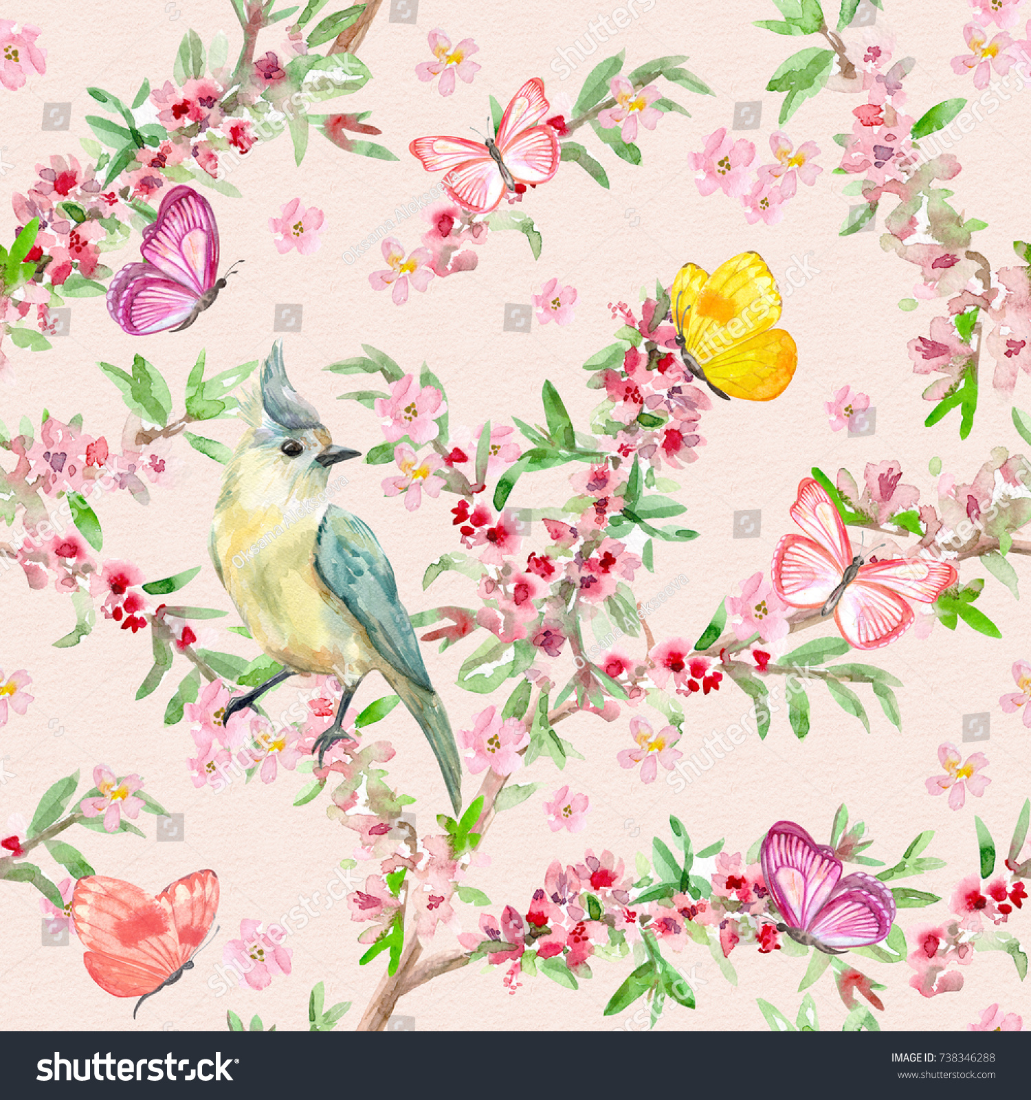 romantic seamless texture with bird on flowering branch. watercolor painting