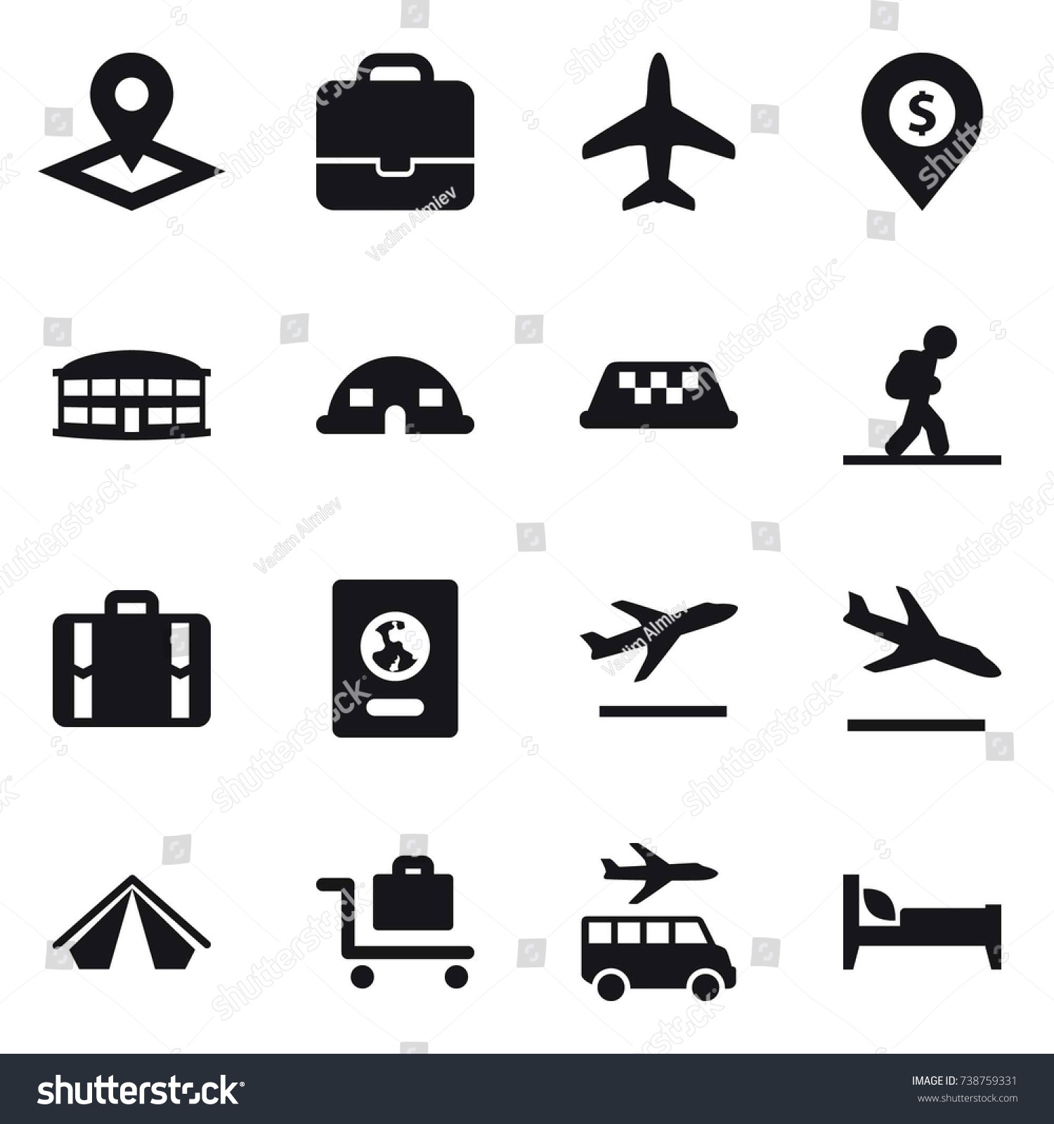 16 vector icon set : pointer  portfolio  plane  dollar pin  airport building  dome house  taxi  tourist  suitcase  passport  departure  arrival  tent  baggage trolley  transfer  bed