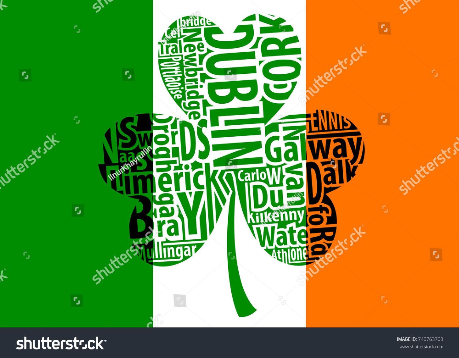 Flag of Ireland and shamrock art with the names of the biggest Irish cities.