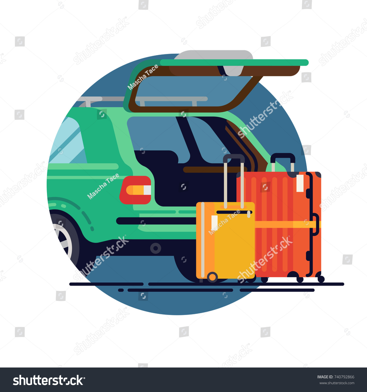 Vector flat design element on travel by car. Luggage carrying concept design with station wagon car with open trunk and suit cases. Car trunk with vacation suit cases