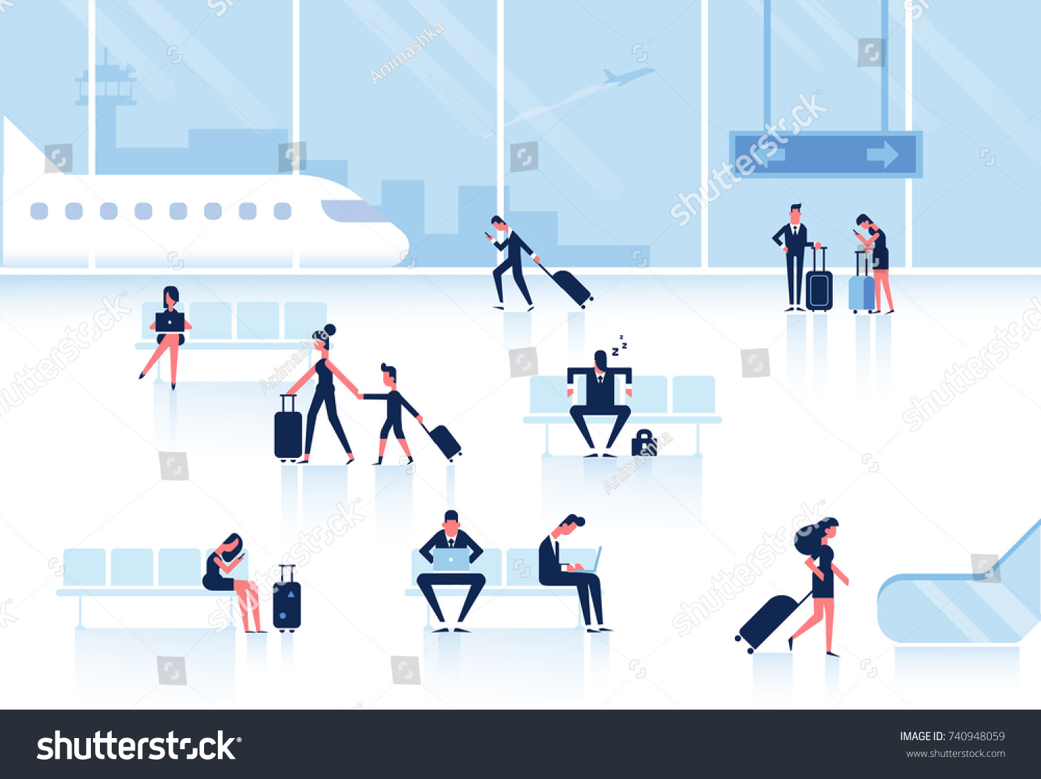 People sitting and walking in airport terminal. Infographics elements. Business travel concept. Flat vector illustration.