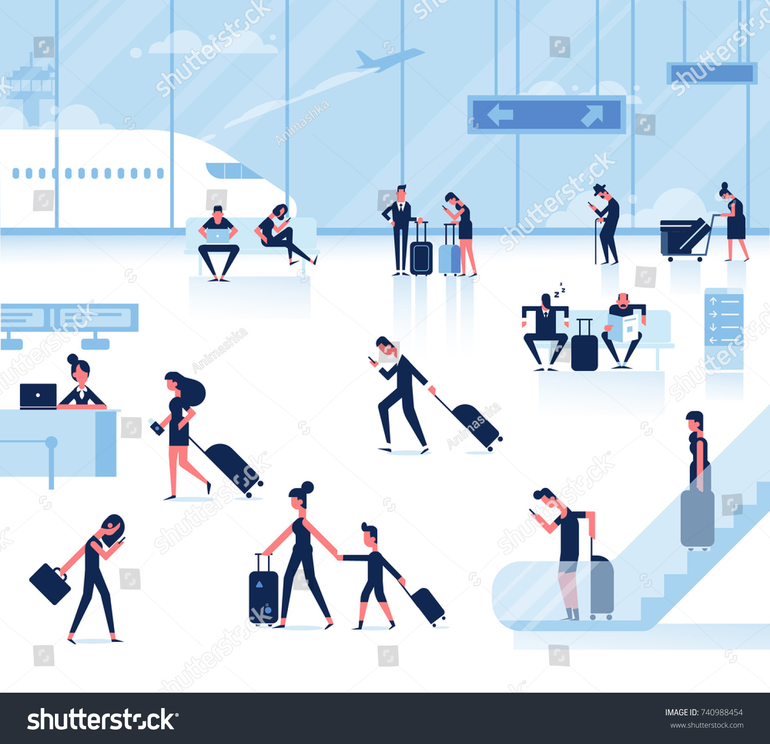 People sitting and walking in airport terminal. Infographics elements. Business travel concept. Flat vector background.