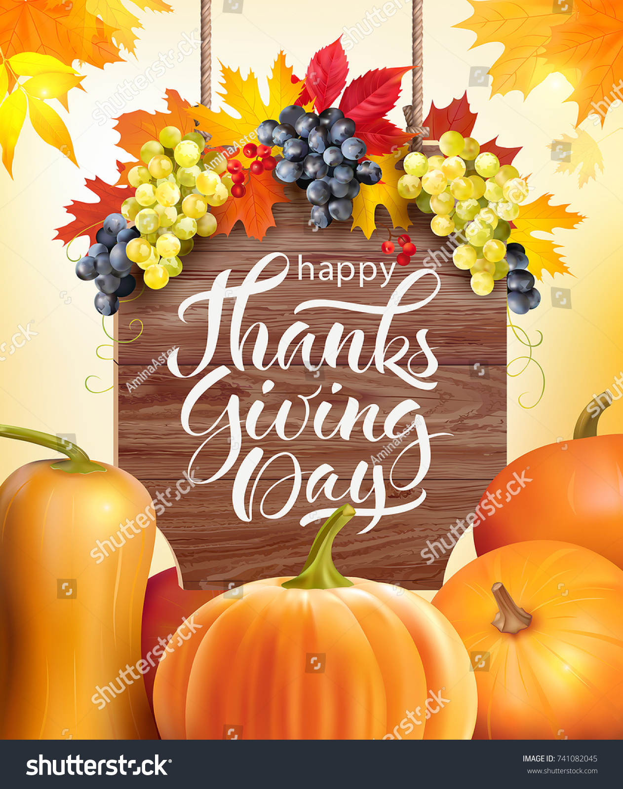 Thanksgiving Day background with decorated signboard and pumpkins. Vector illustration. 