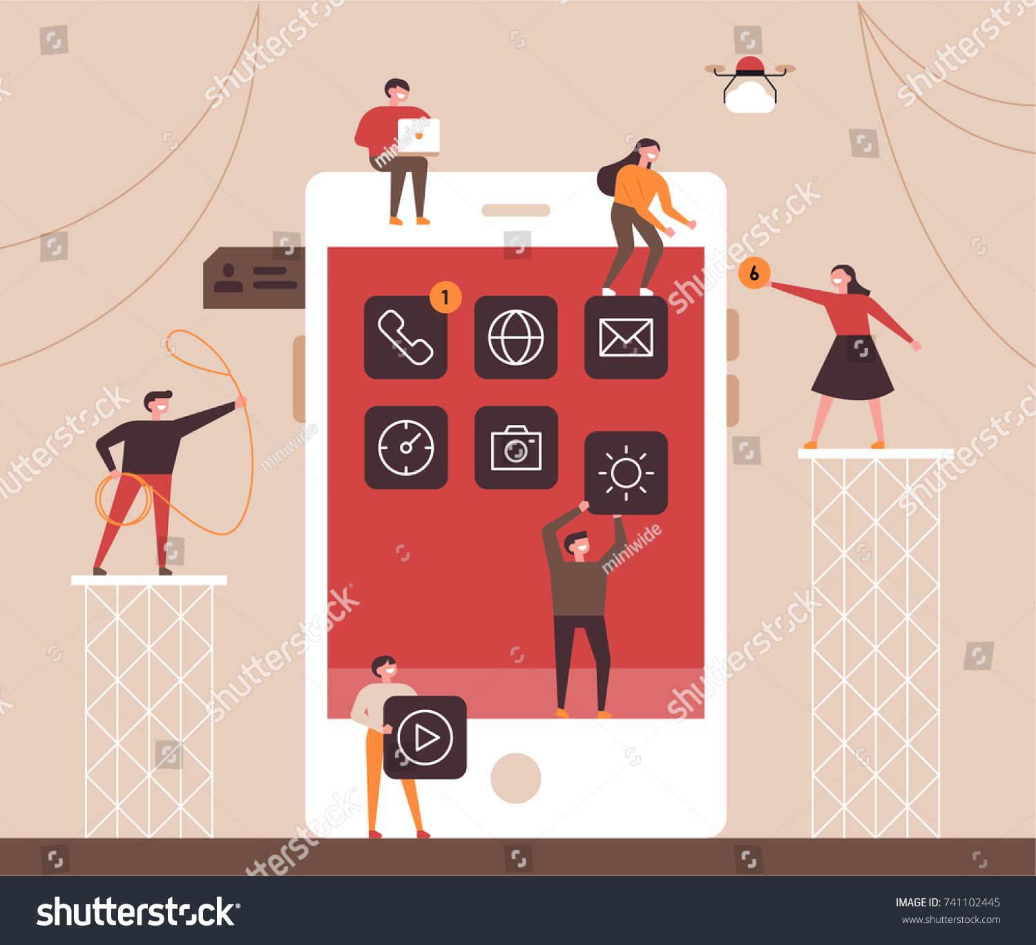small people character decorated mobile technology. vector concept illustration flat design