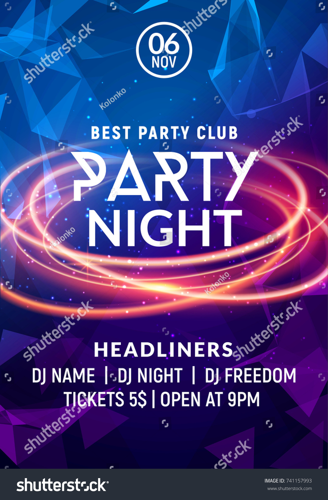 夜舞会音乐夜海报模板。 Electro风格音乐会迪斯科俱乐部派对活动传单邀请。