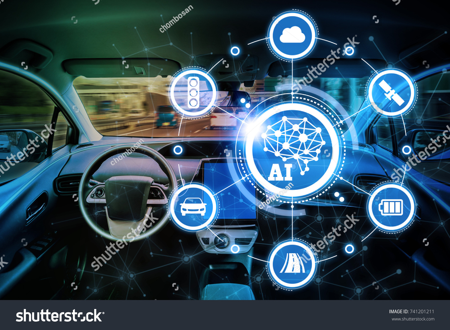 AI(Artificial Intelligence and automotive technology. Autonomous car.