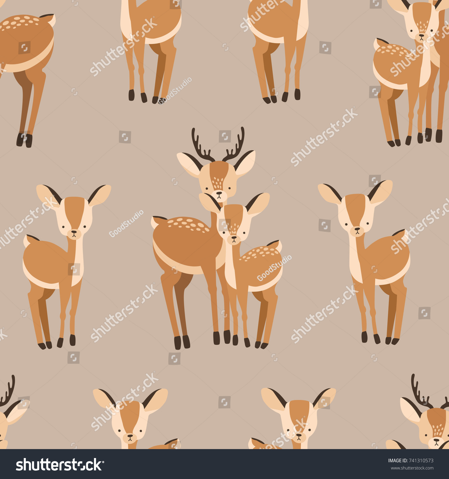 Beautiful seamless pattern with adult and baby deers on brown background. Backdrop with cute and funny cartoon forest animals. Vector illustration for textile print  wallpaper  wrapping paper.