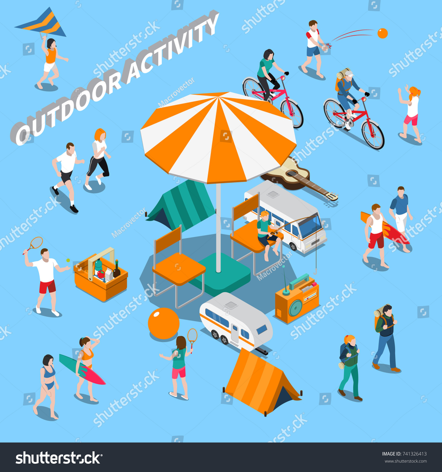 Colored summer outdoor activity people isometric composition with people on vacation or holiday vector illustration