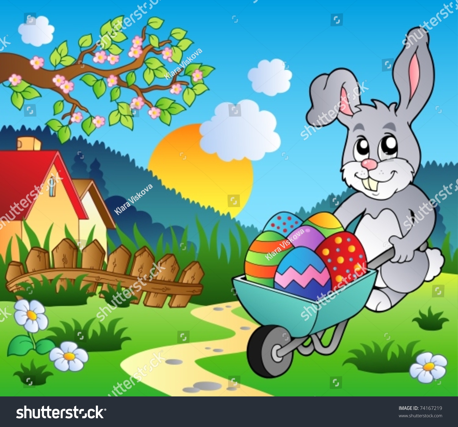 Meadow with bunny and wheelbarrow - vector illustration.