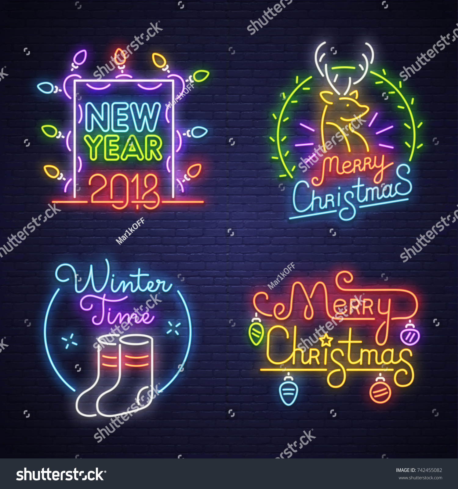 Big set neon logo  label  emblem. Happy New Year and Merry Christmas. Neon sign  bright signboard  light banner. 
