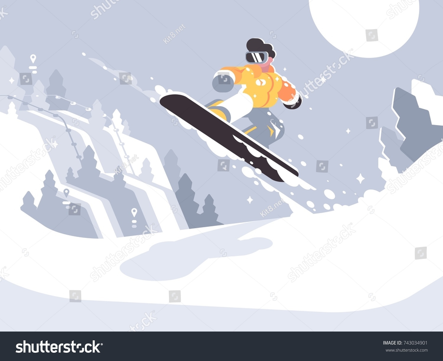 Snowboarder guy snowboarding on snowy winter slope and jump. Vector illustration