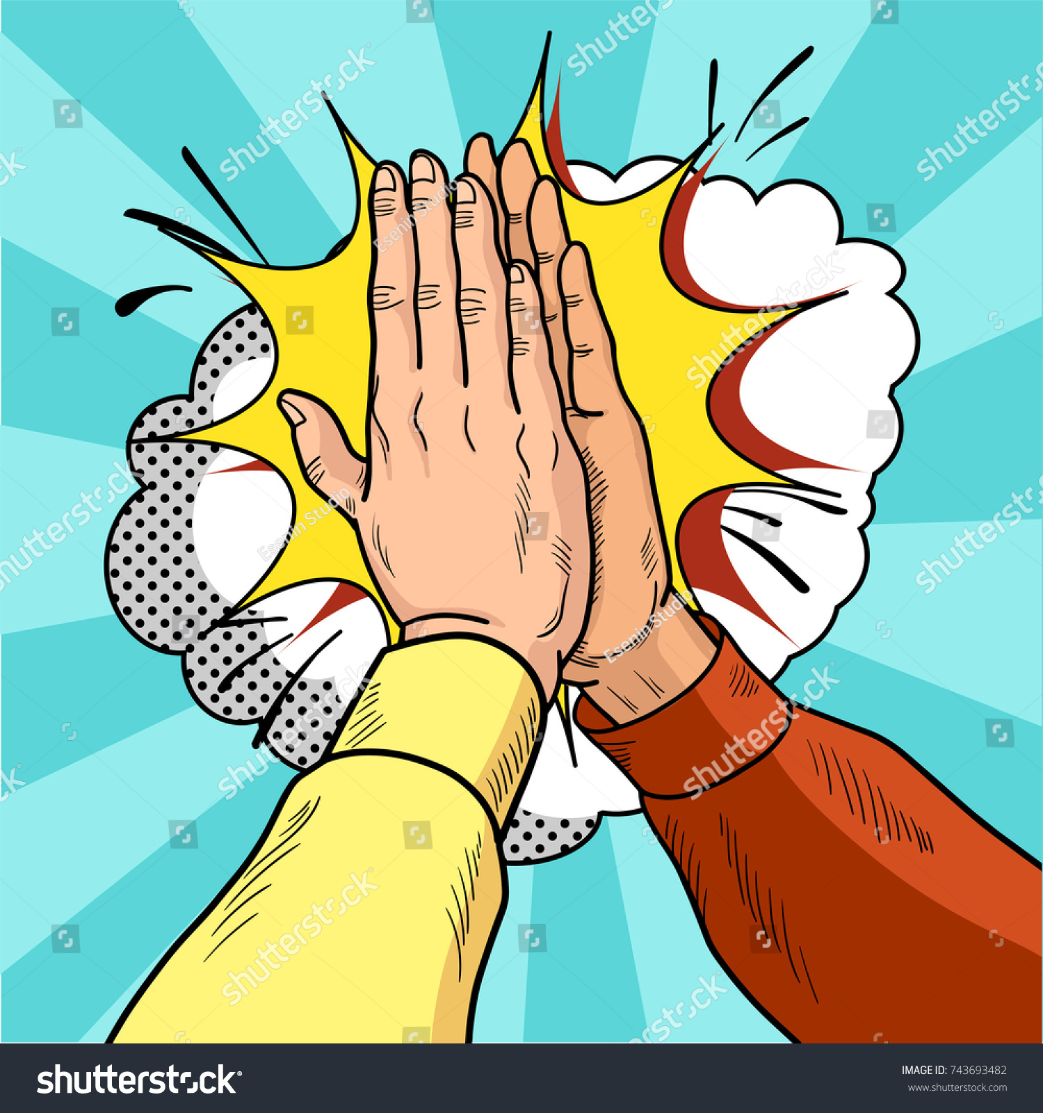 Hands give five pop art. Male hands in a gesture of success. Yellow and red sweaters. Vintage cartoon retro vector illustration. EPS 10.