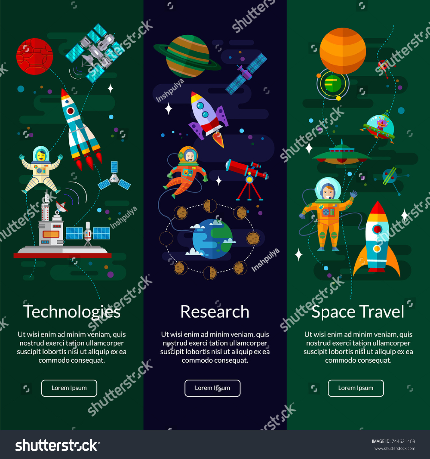 Space universe vertical  banner set with flat  symbols of planets  rockets  satellites  space station and ufo.