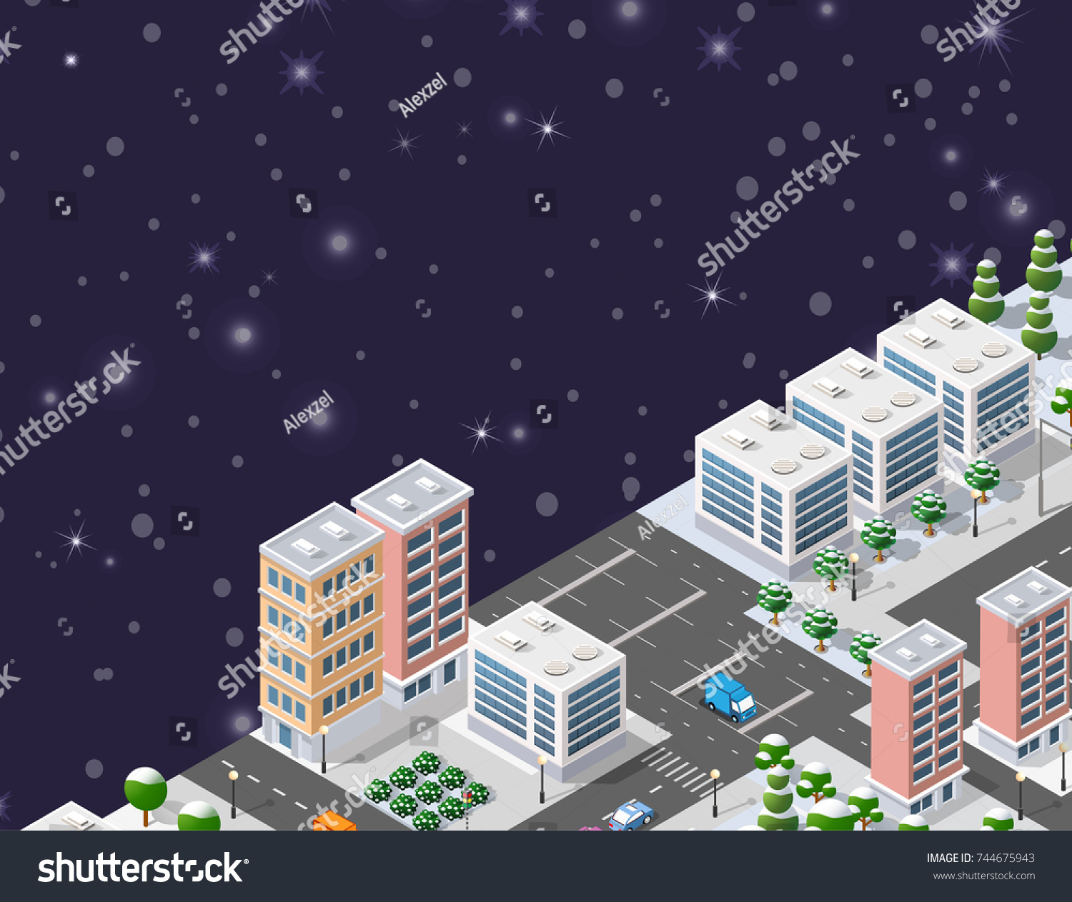 Winter Christmas urban quarter modules for the construction of a large isometric metropolis city perspective