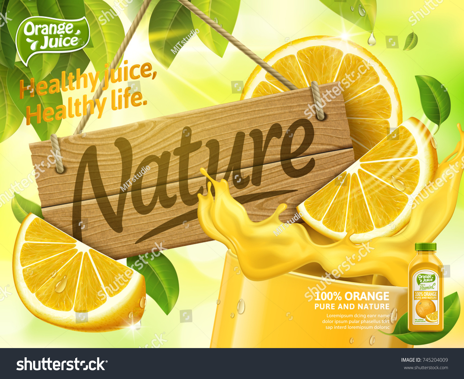 Orange juice ads  glass of juice with nature wood sign isolated on bokeh green background  3d illustration bottle with label