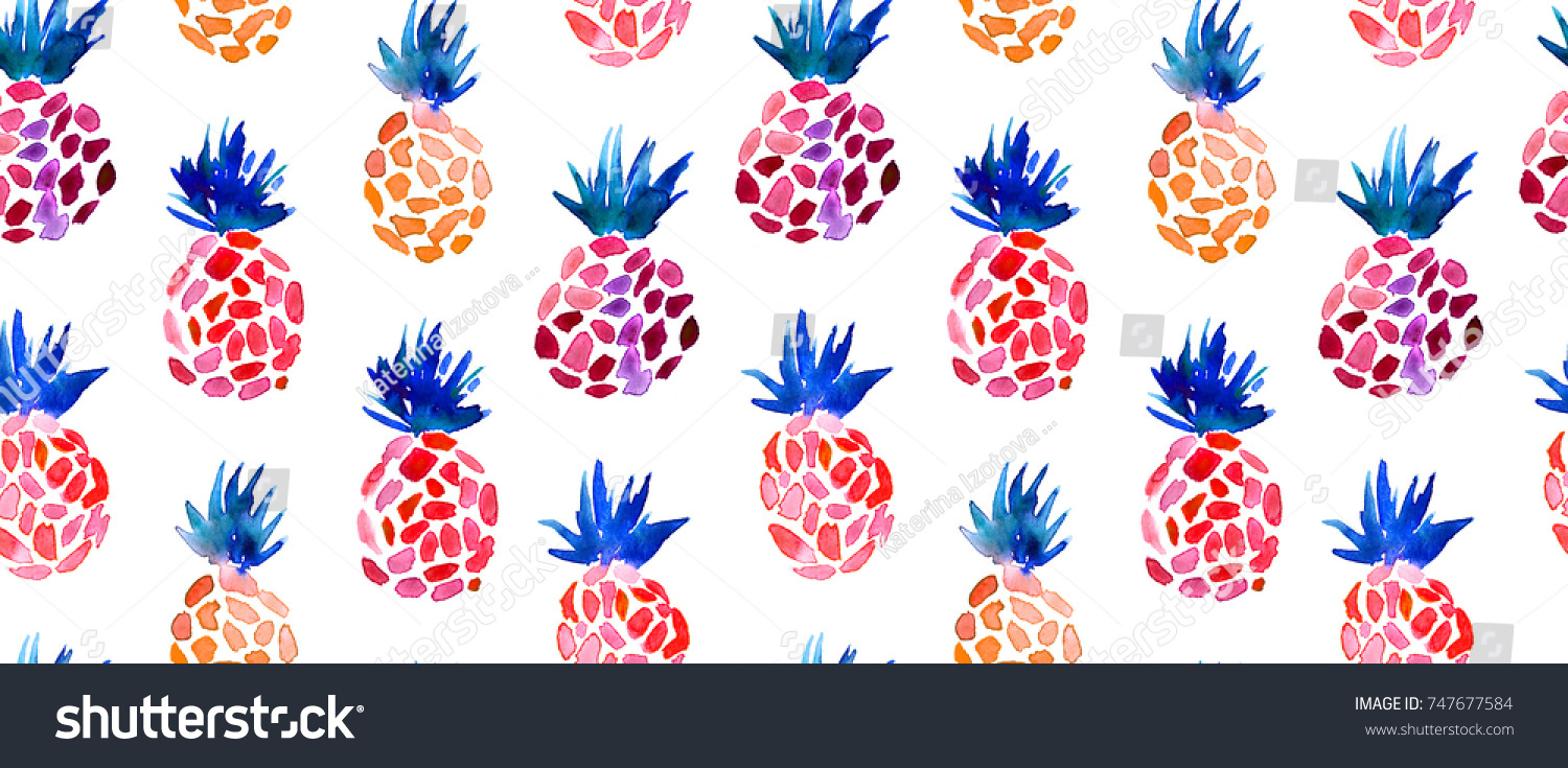 seamless pattern of hand made watercolor fun pineapples