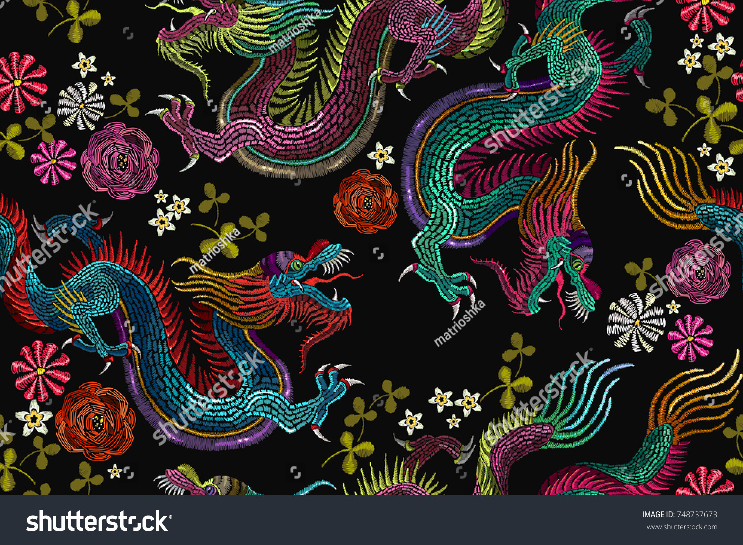 Embroidery vintage chinese dragons and flowers seamless pattern. Classical embroidery asian dragons and beautiful flowers seamless pattern. Art dragons t-shirt design. Clothes  textile art