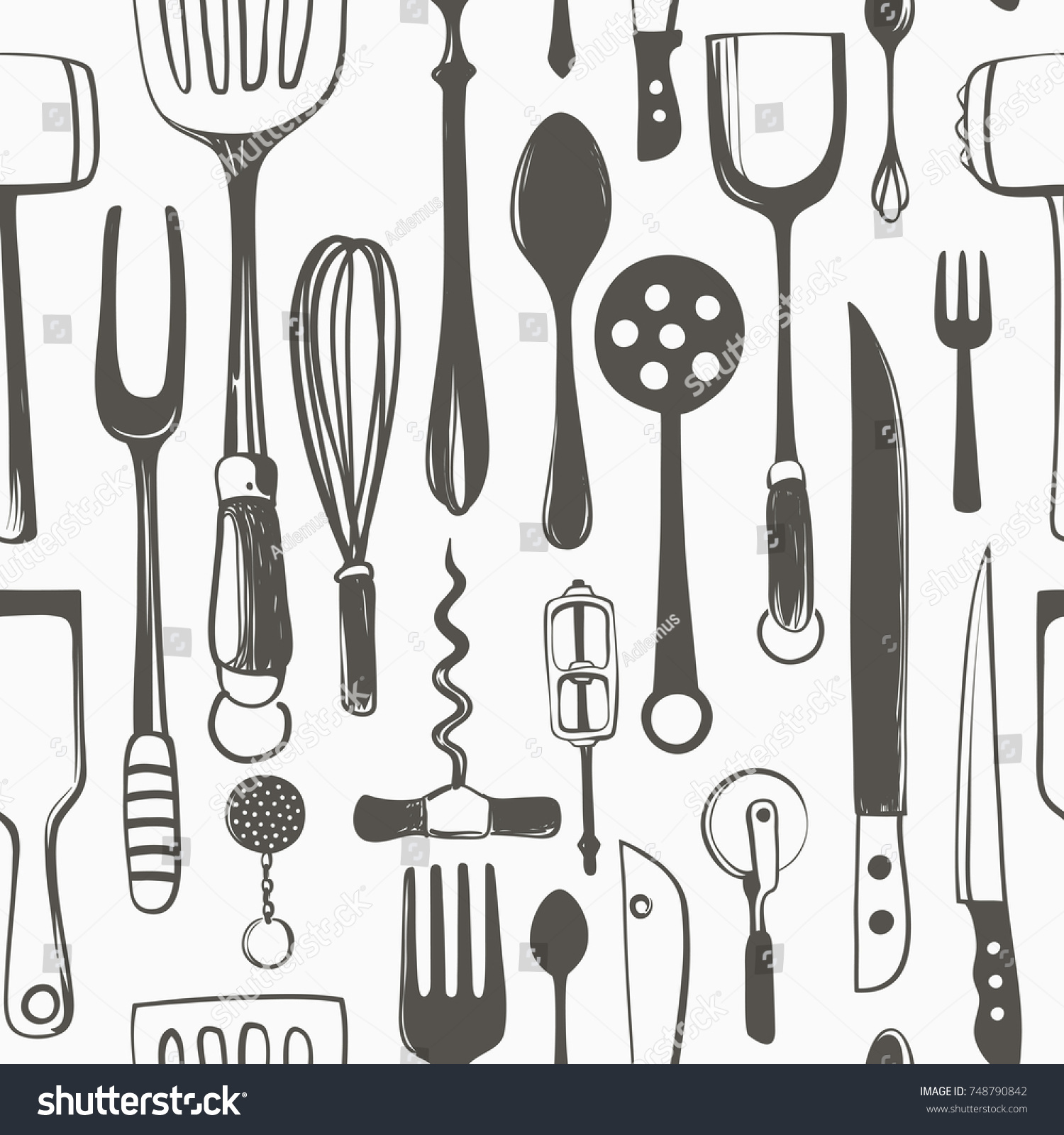 Kitchen Utensils Seamless Vector Freehand Pattern
