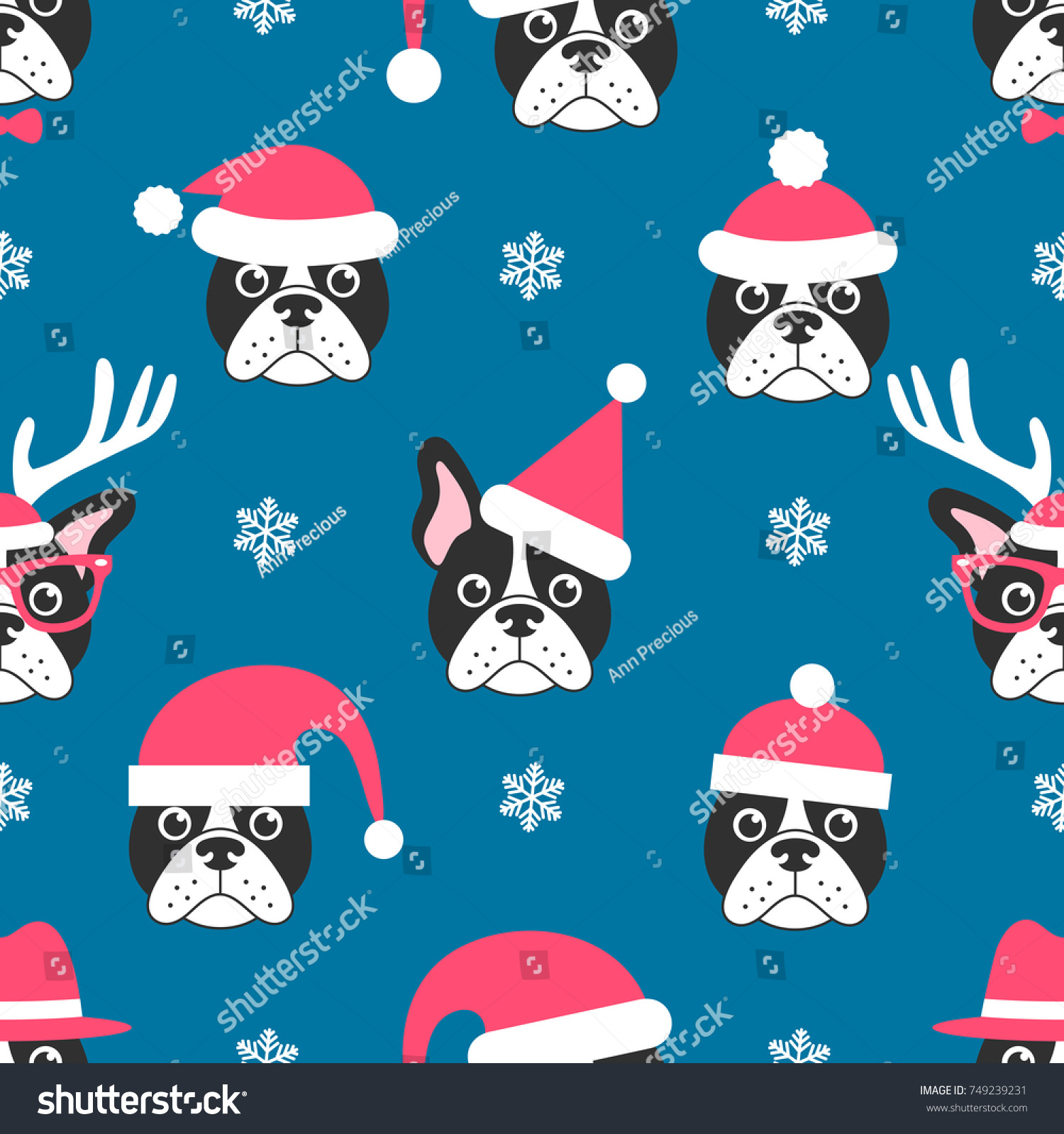 Seamless pattern French bulldogs with Santa hats