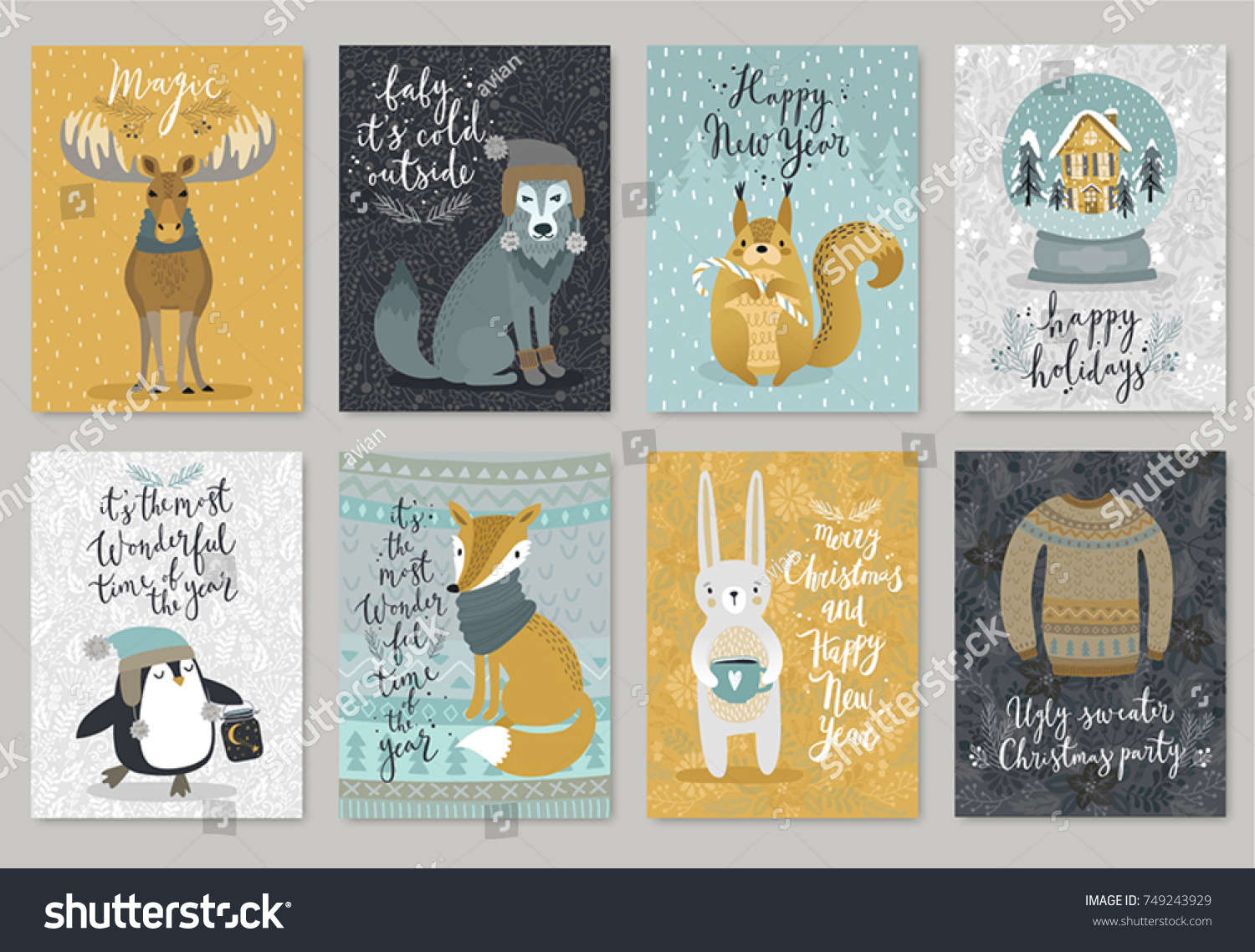 Christmas animals card set  hand drawn style. Vector illustration.