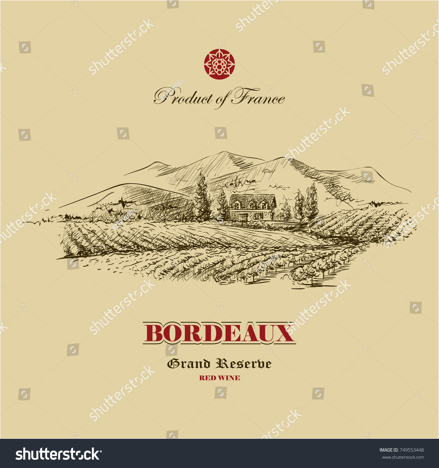 vineyard landscape hand drawn illustration  wine label design template
