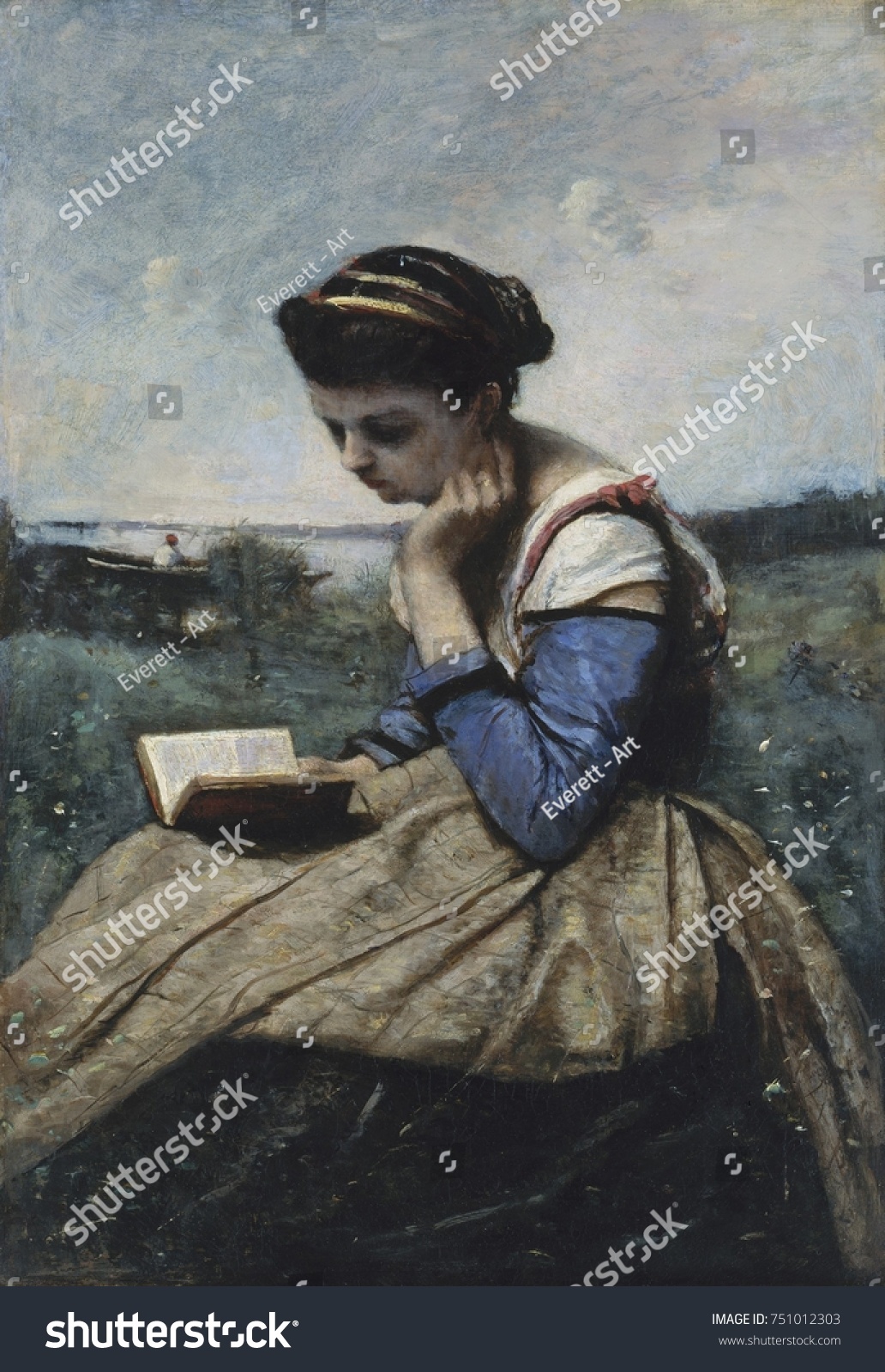 A WOMAN READING by Camille Corot 1869-70 French painting oil on canvas. This was the first figure painting Corot exhibited at the Paris Salon when he was an established and esteemed artist