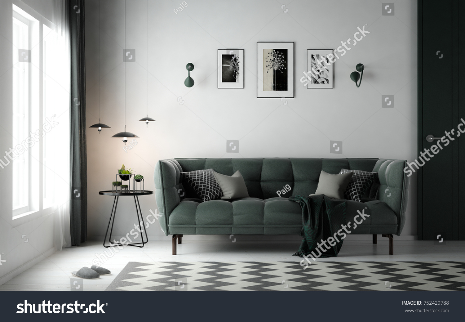 Interior living room Scandinavian style with green loose sofa on hardwood white colored floor studio mock-up 3D rendering 3D illustration