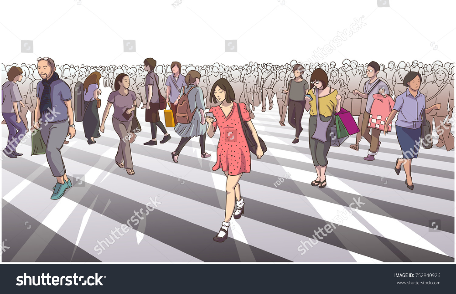 Illustration of woman in red dress crossing road with city crowd in color