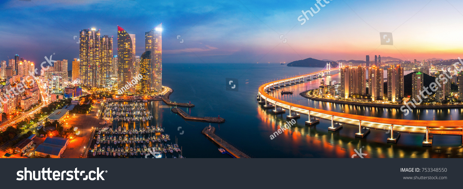Sunset in Busan city with building  bridge and harbor  Korea  Asia
