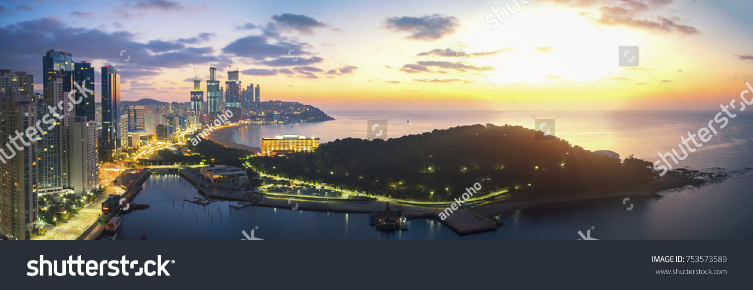 Sunrise over Busan sand beach from roof top of hotel on Holiday travel trip  Busan city  South Korea  Asia
