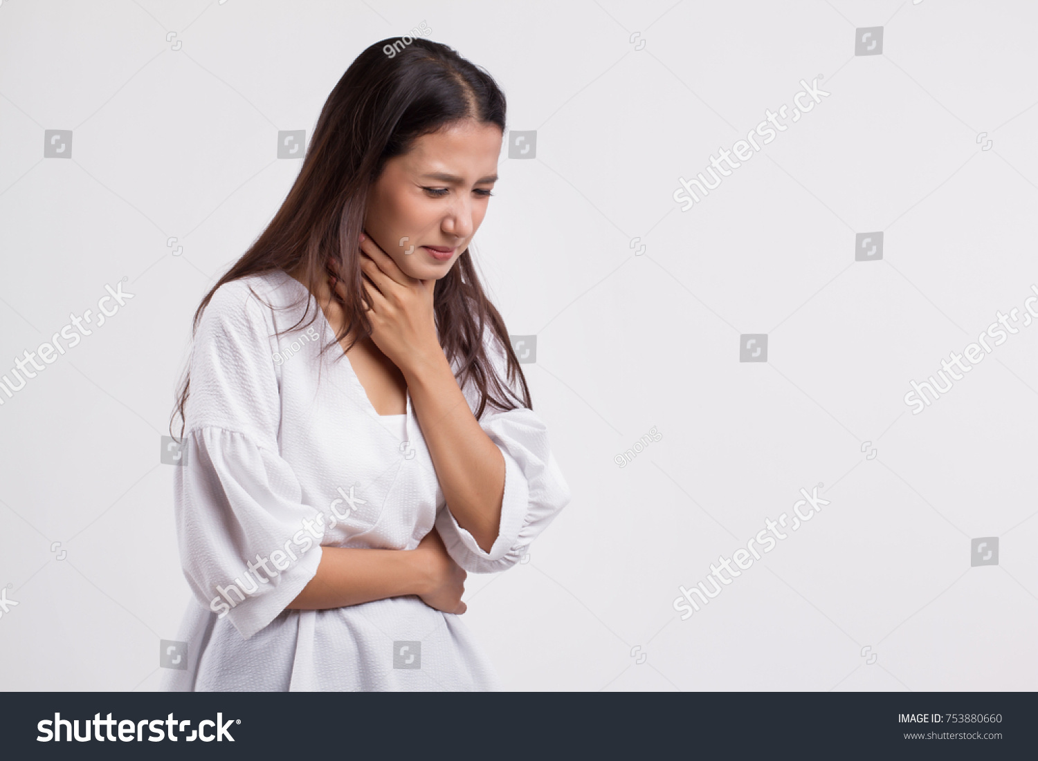 sick asian woman with sore throat  cold  flu