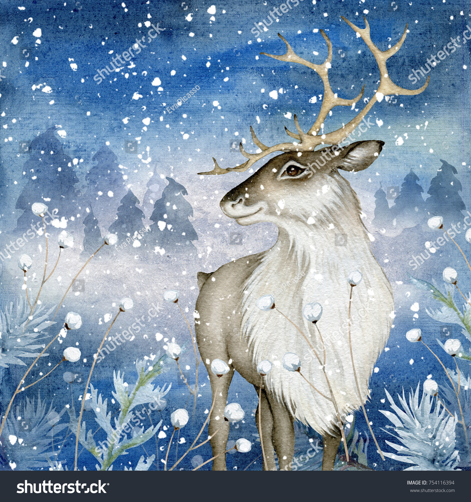 Watercolor Reindeer on Magic Winter Background