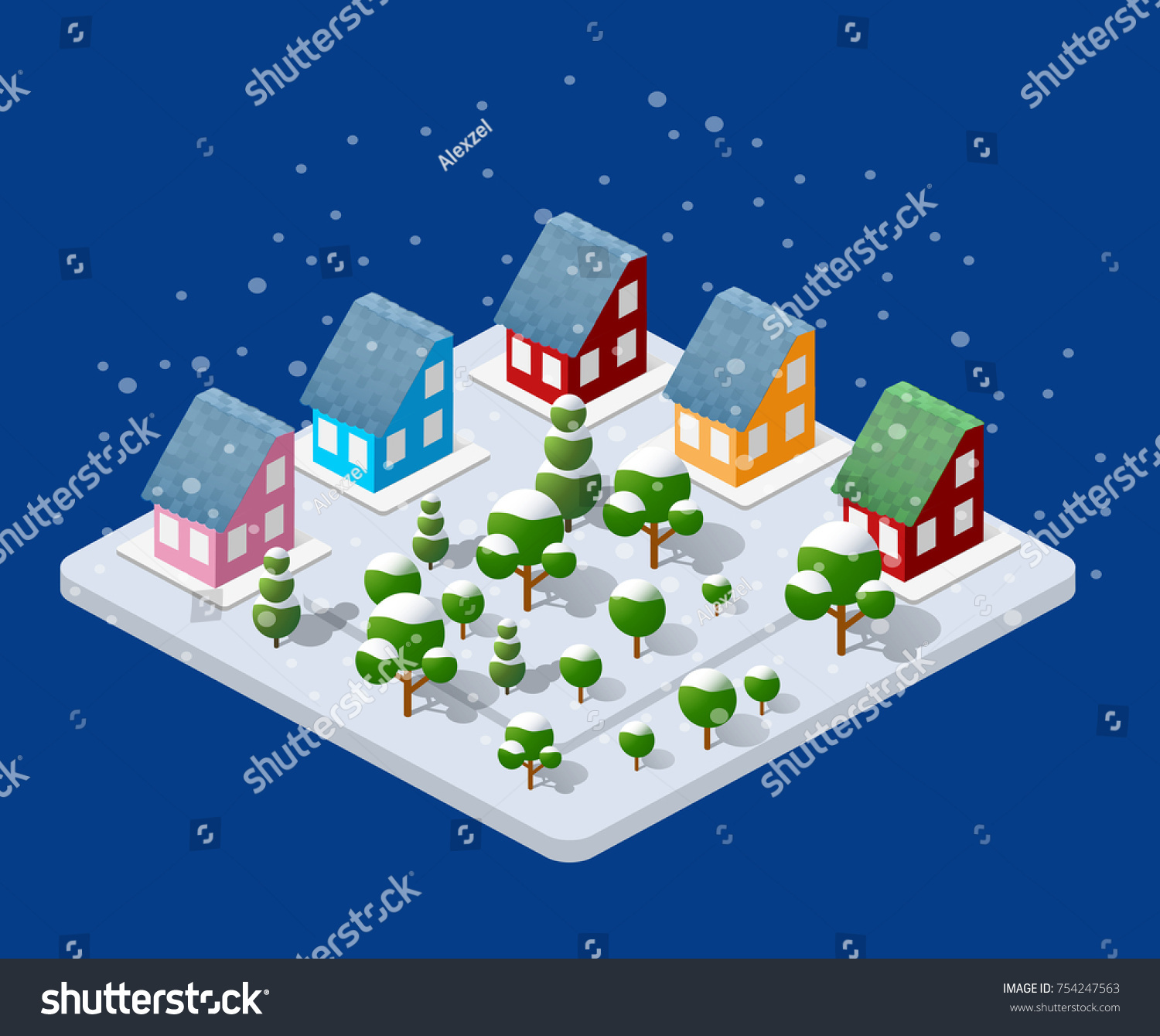 Winter Christmas urban quarter modules for the construction of a large isometric metropolis city perspective